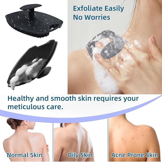 2 Pack Silicone Body Scrubber, Highly Elastic Bristles Handheld Brush for Shower, Lather Well and Gentle Exfoliating, Makes Skin Smooth, for Women and Men, Black and Gray
