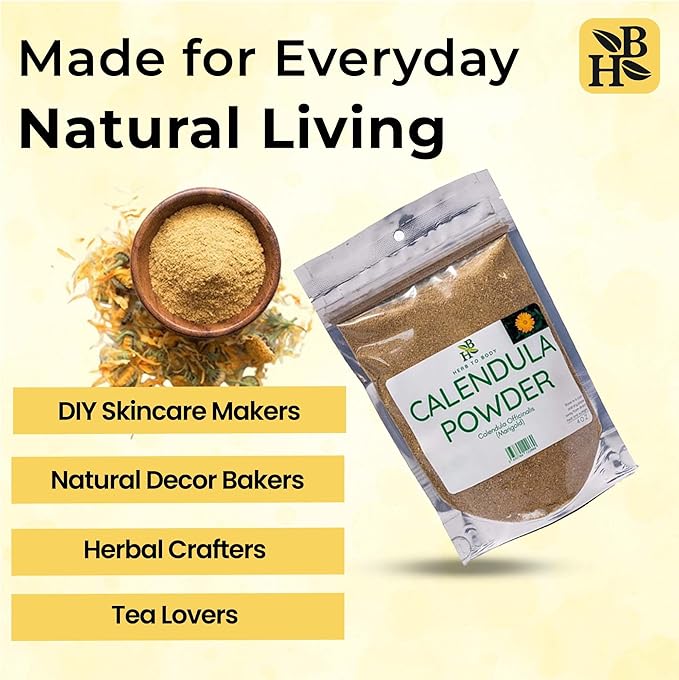 Herb To Body Calendula Powder – 4 oz, Wildcrafted Dried Marigold Flowers Powder for Calendula Tea, Body Care, and Edible Flowers Uses