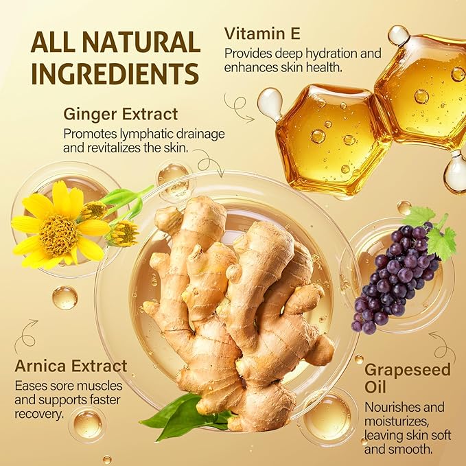 Ginger Oil,Ginger Massage Oil with Arnica for Lymphatic Drainage, Belly Drainage & Sore Muscle Relief,Natural Body Oil for Skin, Warming Spa Massage & Relaxation Therapy