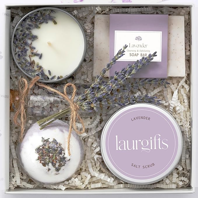 Lavender Spa Gift Basket for Women – Relaxing Self Care Set with Candle & Bath Bomb – Birthday, Thank You, Christmas for Mom Friend Coworker Wife Sister