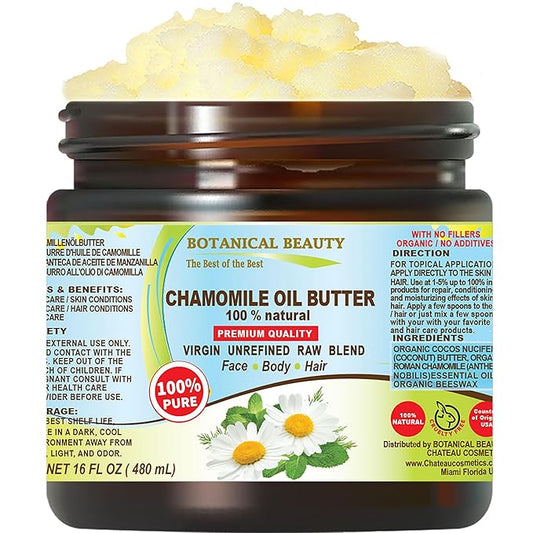 Botanical Beauty CHAMOMILE OIL BUTTER 100% Pure Natural Virgin Unrefined RAW for FACE, SKIN, BODY, DAMAGED HAIR, NAILS. Chamomile Roman Essential Oil and Coconut Oil (16 Fl Oz)