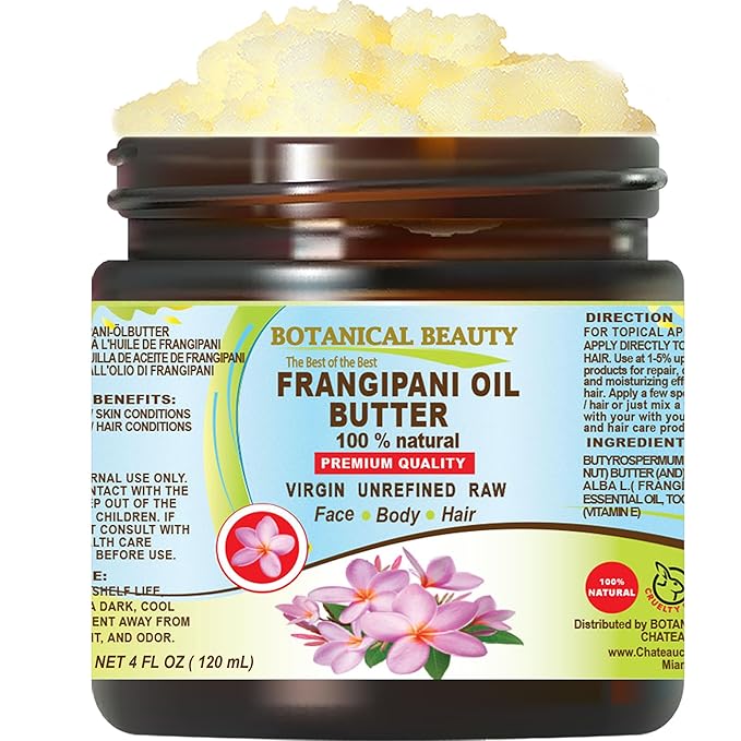 Botanical Beauty FRANGIPANI OIL BUTTER 100% Natural. Frangipani Essential Oil in Shea Nut Butter for FACE, SKIN, BODY, HAIR, NAILS. Beauty Skin Moisturizer Oil Butter. (4 Fl Oz)