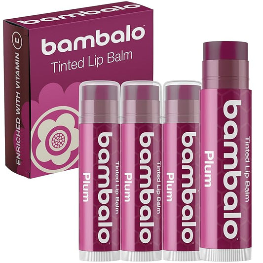 Tinted Lip Balm Plum - Bambalo 4-Pack Hydrating Moisturizing Care - Sheer Berry Tint - Natural Organic Formula - Nourishing Smooth Finish - Made in USA