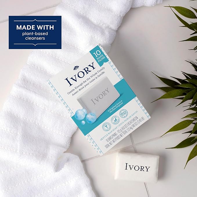 Ivory Gentle Bath Bar Soap, Family Pack, Designed for Whole Family, 99.44% Pure Formula w/ Plant-Based Cleansers, Made Without Heavy Perfumes, Parabens or Phthalates, Original Scent, 4.0 oz (10 Count)