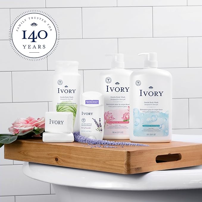 Ivory Gentle Bath Bar Soap, Family Pack, Designed for Whole Family, 99.44% Pure Formula w/ Plant-Based Cleansers, Made Without Heavy Perfumes, Parabens or Phthalates, Original Scent, 4.0 oz (10 Count)