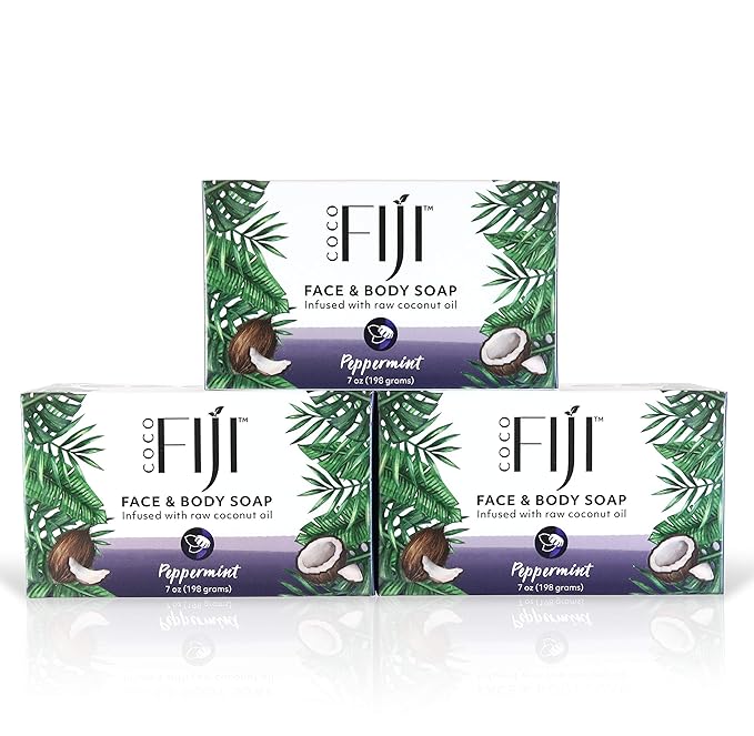 "Coco Fiji Soap Bar for Face and Body Infused With Organic Coconut Oil, Peppermint, Essential Oil, Natural Soap for Moisturizing & Pore Purifying Skin, 7 oz, Pack Of 3 "