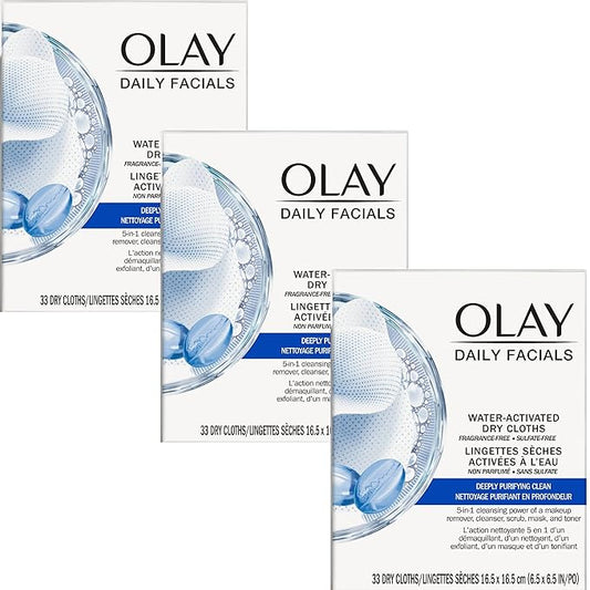 Olay Daily Facial Cleansing Cloths for a Deeply Purifying Clean, Makeup Remover, 33 Count (Pack of 3)