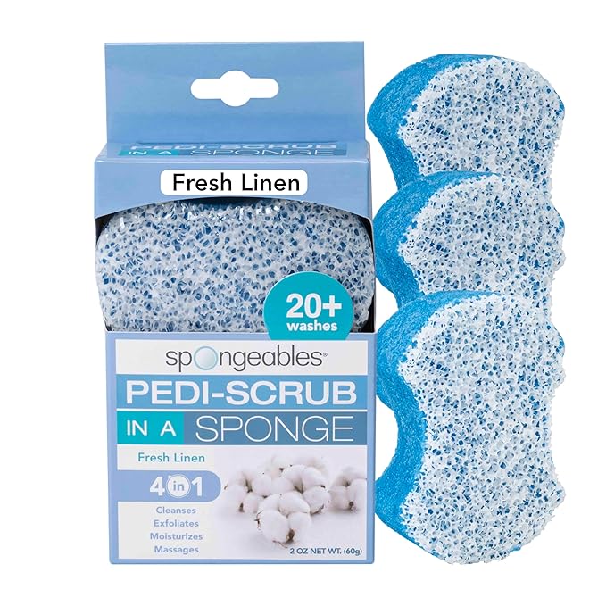 Spongeables Pedi-Scrub Foot Buffer, The Soap is in the Sponge, Contains Tea Tree Oil, Foot Exfoliating Sponge with Heel Buffer and Pedicure Oil, 20+ Washes, Fresh Linen Scent, 2 oz Sponge, Pack of 3