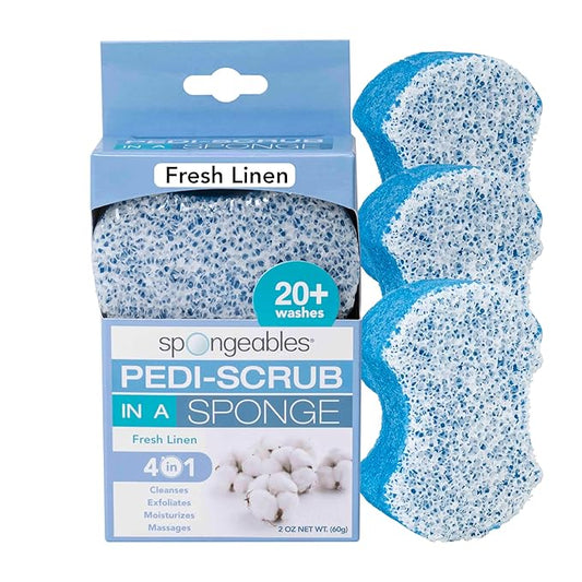 Spongeables Pedi-Scrub Foot Buffer, The Soap is in the Sponge, Contains Tea Tree Oil, Foot Exfoliating Sponge with Heel Buffer and Pedicure Oil, 20+ Washes, Fresh Linen Scent, 2 oz Sponge, Pack of 3