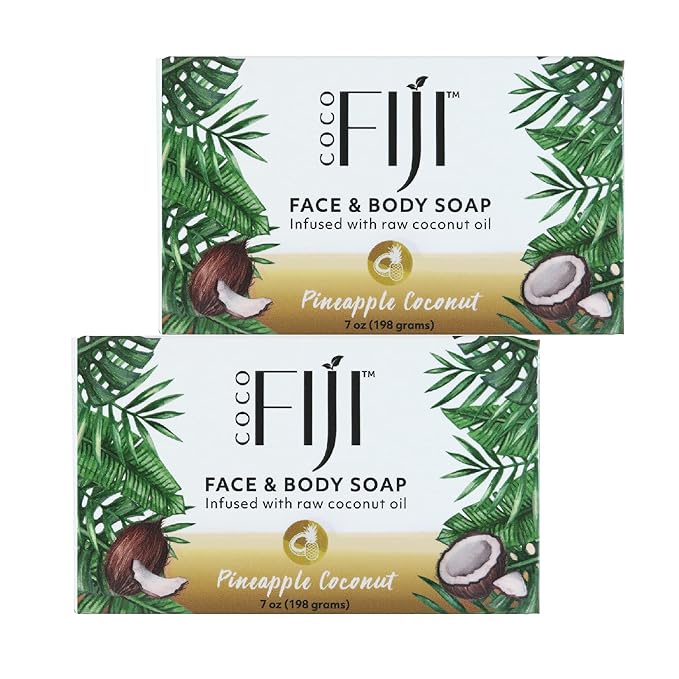 "Coco Fiji Soap Bar for Face and Body Infused With Organic Coconut Oil, Pineapple Coconut Essential Oil, Natural Soap for Moisturizing & Pore Purifying Skin, 7 oz, Pack Of 2 "