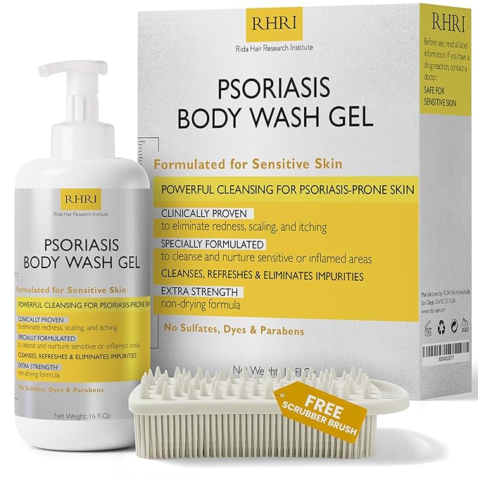 Body Wash | Psoriasis Treatment For Skin | Psoriasis Body Gel | Foaming Cleanser For Dry, Itchy, Red, Flaky, Scaly Skin w/Scrubber