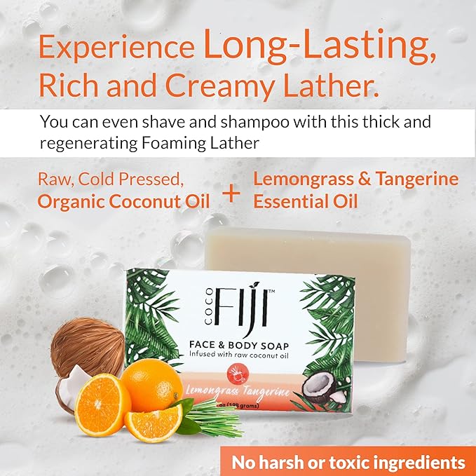 "Coco Fiji Soap Bar for Face and Body Infused With Organic Coconut Oil, Lemongrass Tangerine Essential Oil, Natural Soap for Moisturizing & Pore Purifying Skin, 7 oz, Pack Of 2 "