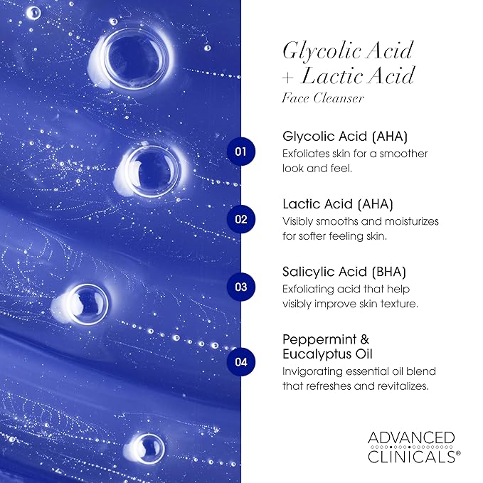 Advanced Clinicals Glycolic Acid Exfoliating Face Wash For Women & Men | Lactic Acid & Salicylic Acid Facial Cleanser | Glycerin Gel Gleanser Helps Gently Exfoliate & Cleanse Dirt & Oil, 2-Pack