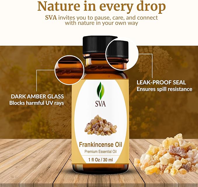 SVA Frankincense Essential Oil – 1 Fl Oz – 100% Natural Boswellia Carterii Oil - for Diffuser, Hair Care, Face, Skin Care, Aromatherapy, Scalp and Body Massage, Soap and Candle Making – with Dropper