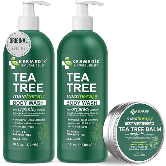 Tea Tree Oil Body Wash (2-Pack) & Balm MaxTherapy Bundle – Cleansing & Moisturizing Duo for Dry, Itchy Skin Relief, Eczema, Ringworm, Athlete’s Foot, Jock Itch & Other Skin Irritation