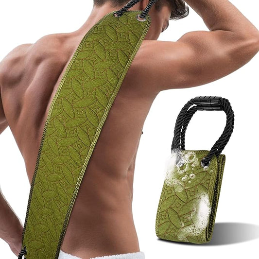 Exfoliating Back Scrubber for Use in Shower, 38.5 Inch Back Washer with Handles, Dual-Sided Body Exfoliator for Daily & Deep Skin Cleaning, Bath Back Scrub Washcloth for Men & Women (Green)