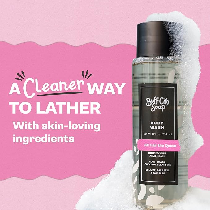 Buff City Soap Plant-Based Body Wash - Coconut Cleansers & Almond Oil Infused, Gentle & Rich Non-Drying Lather, Helps Reduce Moisture Loss & Supports Natural Skin Barrier - All Hail the Queen, 12 floz