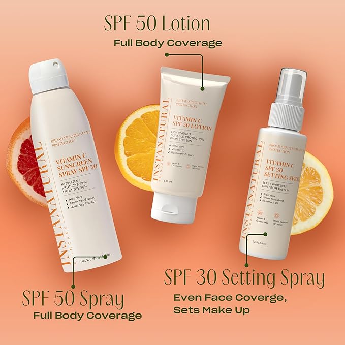 InstaNatural Skin Care Vitamin C SPF 50 Broad Spectrum Sunscreen Spray, Brightens & Hydrates, UVA, UVB Sun Protection Sunblock, with Aloe Vera & Botanicals, Aerosol Bottle, 5.5 Fl Oz