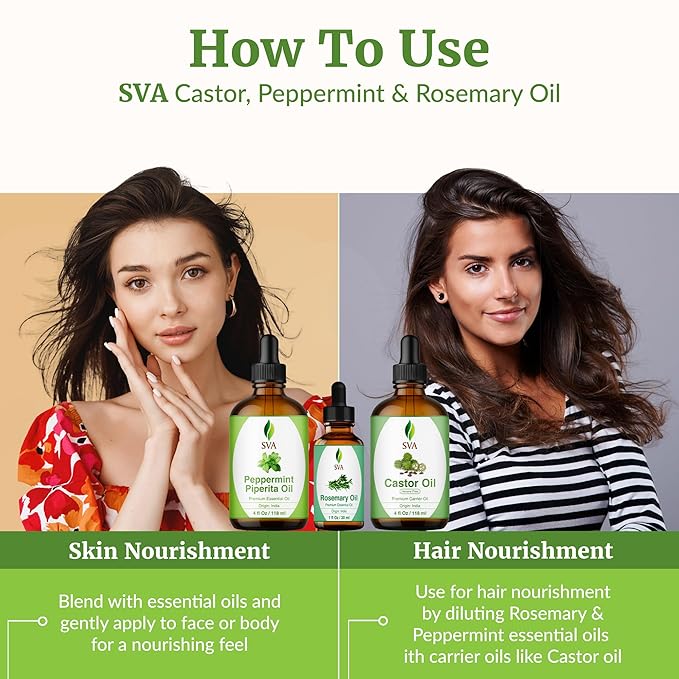 SVA Castor Oil 4oz, Peppermint Essential Oil 4oz and Rosemary Essential Oil 1oz Bundle Super Saver Combo – Premium Grade Value Set for Scalp Massage, Hair Care, Skin Care, Body Massage & Aromatherapy