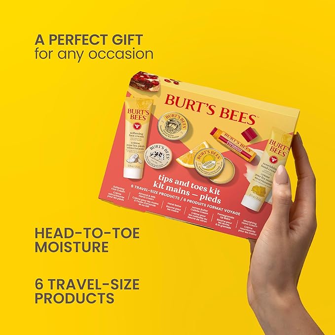 Burt's Bees Christmas Gifts - Tips and Toes Kit, 6 Travel Size Products for Stocking Stuffers - Pomegranate Moisturizing Lip Balm, 2 Hand Creams, Foot Cream, Cuticle Cream, and Hand Salve