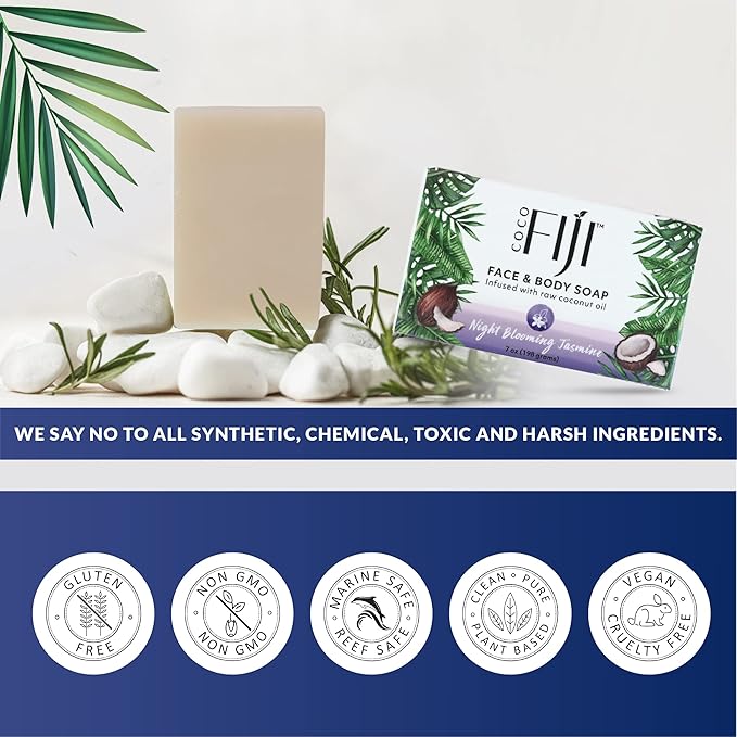 "Coco Fiji Soap Bar for Face and Body Infused With Organic Coconut Oil, Night Blooming Jasmine Essential Oil, Natural Soap for Moisturizing & Pore Purifying Skin, 7 oz, Pack Of 3 "