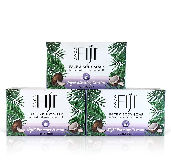 "Coco Fiji Soap Bar for Face and Body Infused With Organic Coconut Oil, Night Blooming Jasmine Essential Oil, Natural Soap for Moisturizing & Pore Purifying Skin, 7 oz, Pack Of 3 "