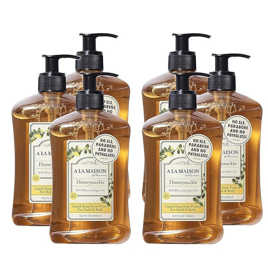 A LA MAISON French Liquid Hand Soap, Honeysuckle - Natural Hand Wash Made with Essential Oils - Biodegradable, Plant-Based, Vegan, Cruelty-Free, Alcohol & Paraben Free (16.9 oz, 6 Pack)