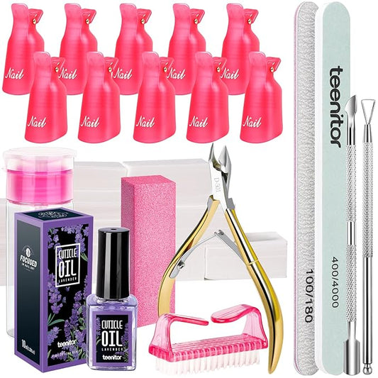 Teenitor Gel Polish Remover Kit, Nail Clips, Cuticle Nipper Cuticle Pusher, Nair Care Cuticle Oil, Teenitor Nail Gel Polish Dipping Powder Remover Tools Kit Pink