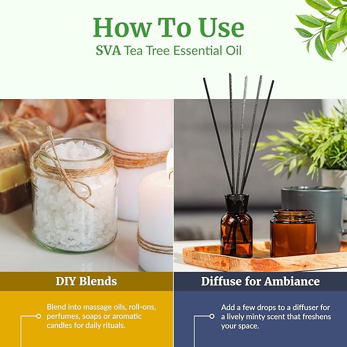 SVA Tea Tree Essential Oil – 1 Fl Oz – 100% Natural Tea Tree Oil - for Diffuser, Hair Care, Face, Skin Care, Aromatherapy, Scalp and Body Massage, Soap and Candle Making – with Dropper