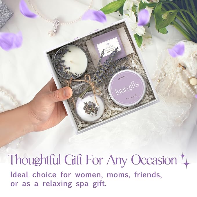 Lavender Spa Gift Basket for Women – Relaxing Self Care Set with Candle & Bath Bomb – Birthday, Thank You, Christmas for Mom Friend Coworker Wife Sister