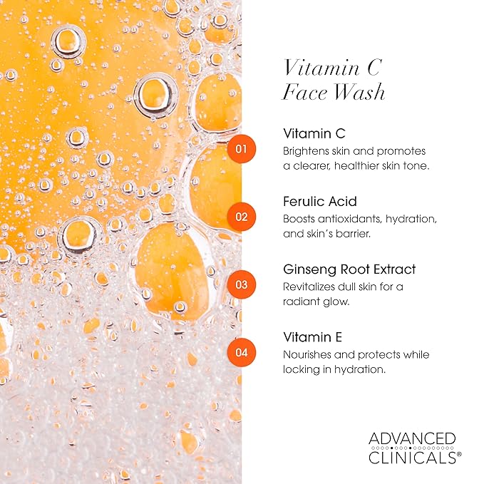 Advanced Clinicals Gentle Vitamin C Face Wash For Women & Men | Citrus Scented Gel Facial Cleanser Soap | Aloe Vera + Ferulic Acid Hydrating Foaming Wash For Cleansing Dirt & Oil, 11.75 Fl Oz, 2PC
