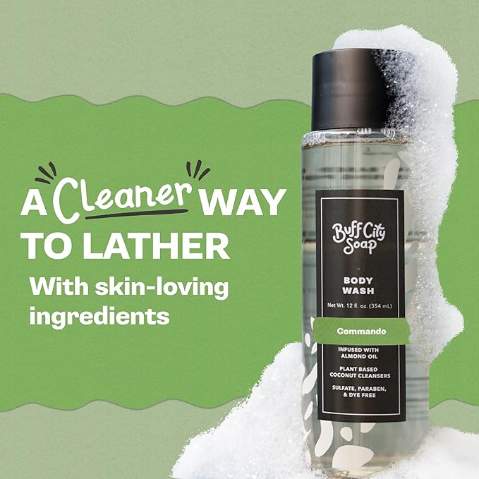 Buff City Soap Plant-Based Body Wash - Gentle Cleansing Body Wash, Coconut Cleansers Infused with Almond Oil, Dermatologist Tested, Rich Lather, Non-Drying for Women and Men - Commando, 12 fl oz