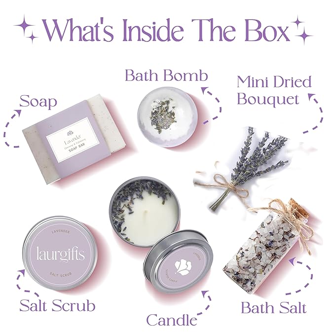 Lavender Spa Gift Basket for Women – Relaxing Self Care Set with Candle & Bath Bomb – Birthday, Thank You, Christmas for Mom Friend Coworker Wife Sister
