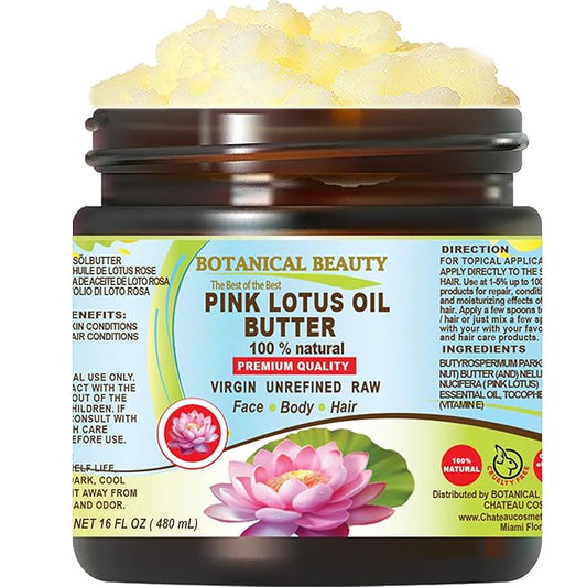 Botanical Beauty PINK LOTUS OIL BUTTER 100% Natural. Pink Lotus Essential Oil in Shea Nut Butter for FACE, SKIN, BODY, HAIR, NAILS. Beauty Skin Moisturizer Oil Butter (16 Fl Oz)