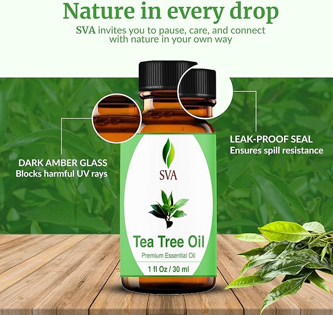 SVA Tea Tree Essential Oil – 1 Fl Oz – 100% Natural Tea Tree Oil - for Diffuser, Hair Care, Face, Skin Care, Aromatherapy, Scalp and Body Massage, Soap and Candle Making – with Dropper