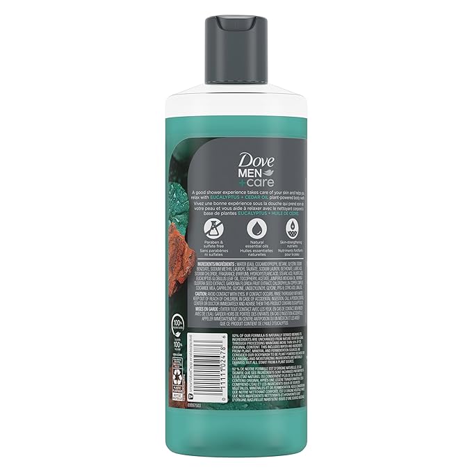 DOVE MEN + CARE Body 4 Count Wash Eucalyptus + Cedar Oil to Rebuild Skin in the Shower with Plant-Based Cleansers and Moisturizers 18 oz
