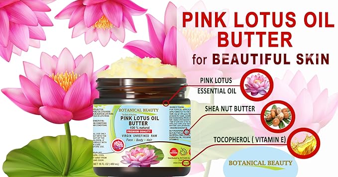 Botanical Beauty PINK LOTUS OIL BUTTER 100% Natural. Pink Lotus Essential Oil in Shea Nut Butter for FACE, SKIN, BODY, HAIR, NAILS. Beauty Skin Moisturizer Oil Butter (16 Fl Oz)