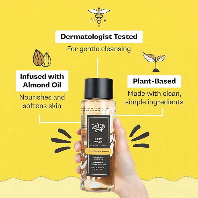 Buff City Soap Plant-Based Body Wash- Coconut Cleansers & Almond Oil Infused, Gentle & Rich Non-Drying Lather, Helps Reduce Moisture Loss & Supports Skin Barrier-Good Morning Sunshine, 12 fl oz