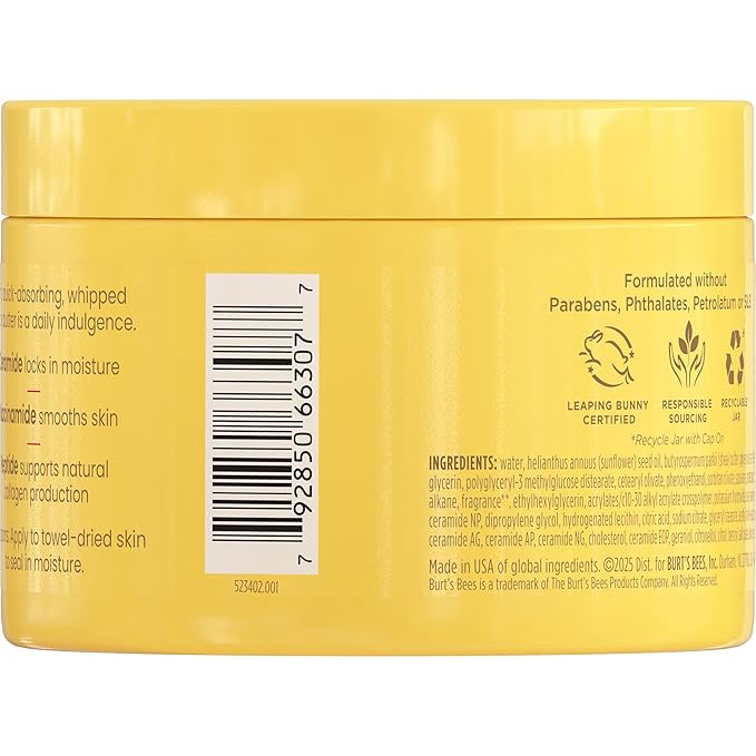 Burt's Bees Boosted Body Whipped Butter With a Ceramide, Niacinamide and Peptide Complex, Quick-Absorbing Body Butter Helps Support Skin Barrier, Tropical Scented, 6.5 oz. Jar
