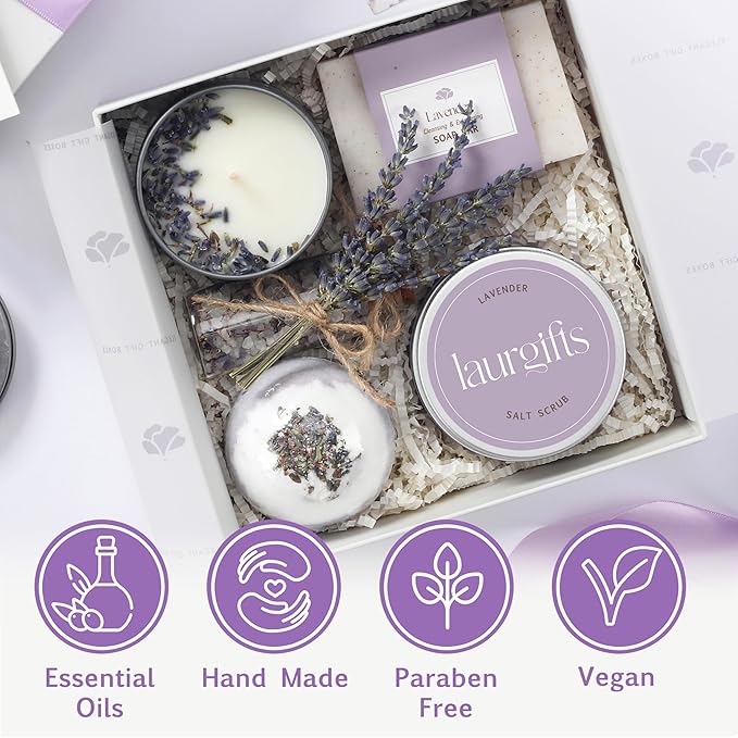Lavender Spa Gift Basket for Women – Relaxing Self Care Set with Candle & Bath Bomb – Birthday, Thank You, Christmas for Mom Friend Coworker Wife Sister