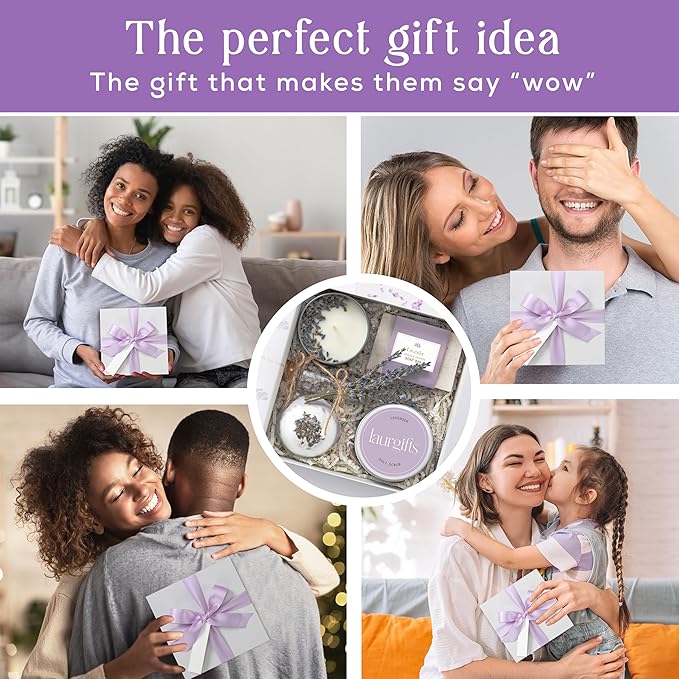 Lavender Spa Gift Basket for Women – Relaxing Self Care Set with Candle & Bath Bomb – Birthday, Thank You, Christmas for Mom Friend Coworker Wife Sister