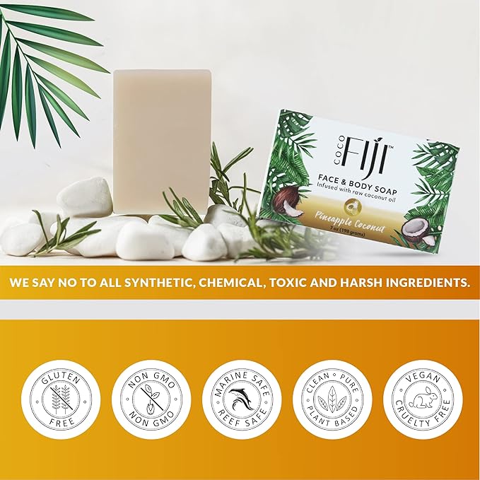 "Coco Fiji Soap Bar for Face and Body Infused With Organic Coconut Oil, Pineapple Coconut Essential Oil, Natural Soap for Moisturizing & Pore Purifying Skin, 7 oz, Pack Of 2 "
