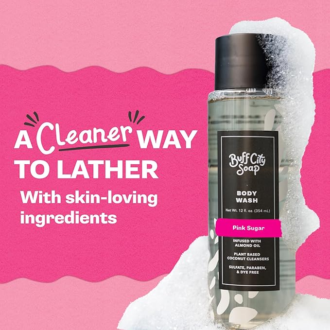 Buff City Soap Plant-Based Body Wash - Coconut Cleansers & Almond Oil Infused, Gentle & Rich Non-Drying Lather, Helps Reduce Moisture Loss & Supports Natural Skin Barrier - Pink Sugar, 12 floz