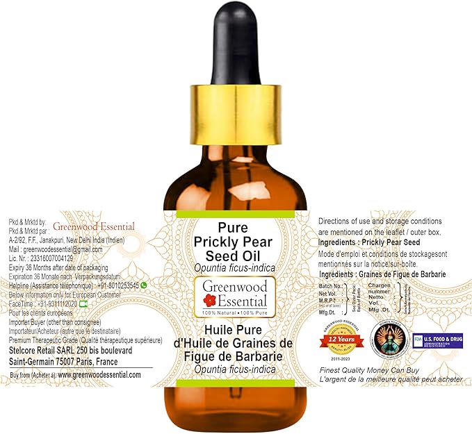 Greenwood Essential Prickly Pear Seed Oil (Opuntia ficus-indica) with Glass Dropper | Infused | Pure | Non-Sticky | Lightweight | For Facial Care | Natural | Men & Women | 50ml (1.69 oz)