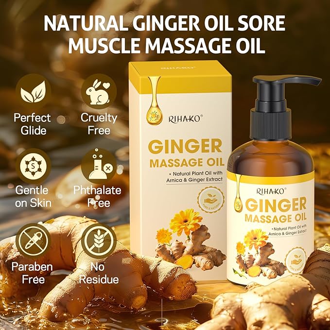 Ginger Oil,Ginger Massage Oil with Arnica for Lymphatic Drainage, Belly Drainage & Sore Muscle Relief,Natural Body Oil for Skin, Warming Spa Massage & Relaxation Therapy
