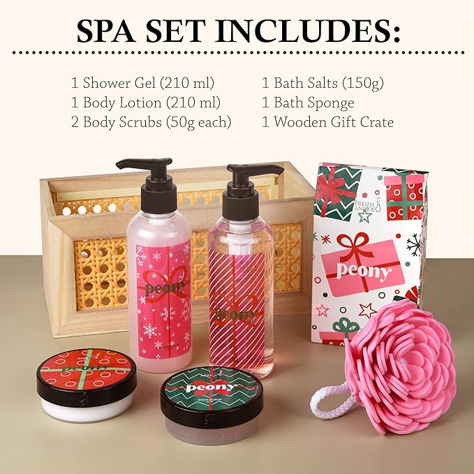Freida & Joe Peony Spa Gift Set Bath & Body Gift Basket for Women & Men | Shower Gel, Body Lotion, Body Scrub, Bath Salt | Relaxing Self Care Gift