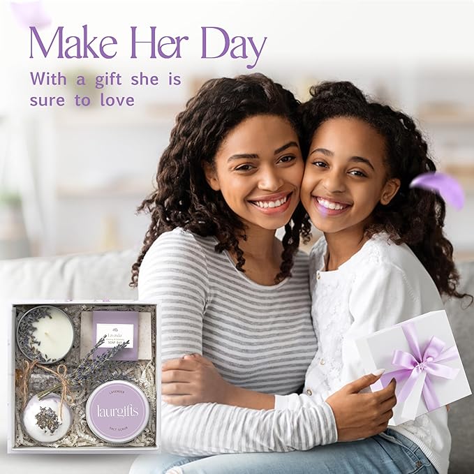 Lavender Spa Gift Basket for Women – Relaxing Self Care Set with Candle & Bath Bomb – Birthday, Thank You, Christmas for Mom Friend Coworker Wife Sister