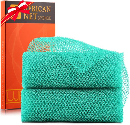 UJFQBH 2 Pieces African Bath Sponge African Net Long Net Bath Sponge Exfoliating Shower Body Scrubber Back Scrubber Skin Smoother,Great for Daily Use (Green)