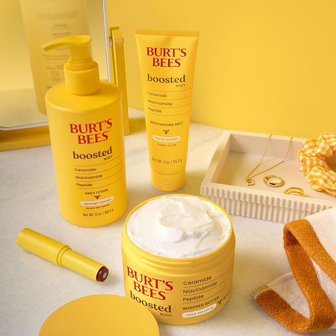 Burt's Bees Boosted Body Whipped Butter With a Ceramide, Niacinamide and Peptide Complex, Quick-Absorbing Body Butter Helps Support Skin Barrier, Tropical Scented, 6.5 oz. Jar