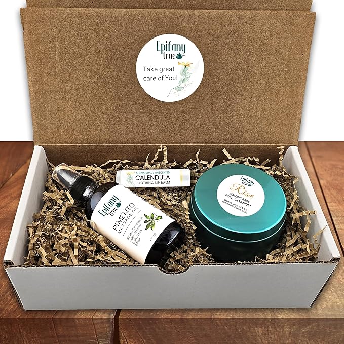Pimento Massage Oil 4oz, Calendula Soothing Lip Balm, Rise Coconut Soy Candle with Essential Oils, Self-Care Gift 3-Piece Bundle